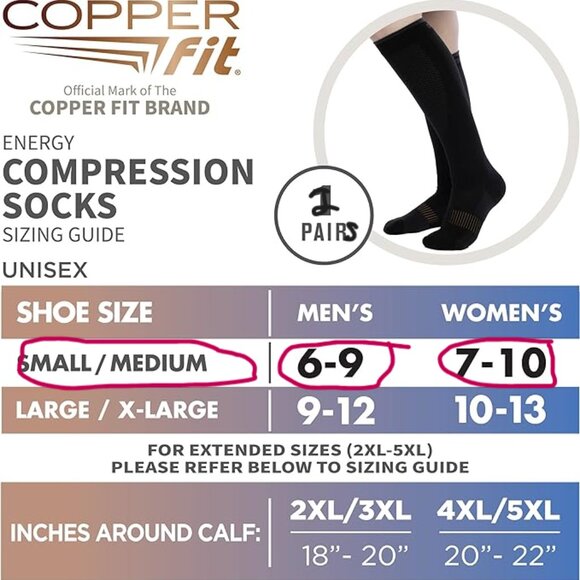 Copper Fit Unisex Easy On/Off Energy Compression Socks Black 2 Pairs Bundle - Picture 4 of 5